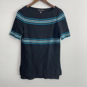 St. John | Women’s Black & Blue Knit Blouse Top Striped Colorblock Short Sleeve